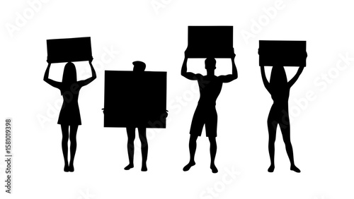 Silhouette of People Holding Banners and Signs PNG Transparent Background