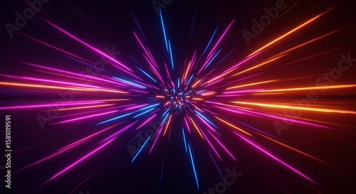 Abstract Neon Light Burst with Pink Blue and Orange Rays on Black Background 1