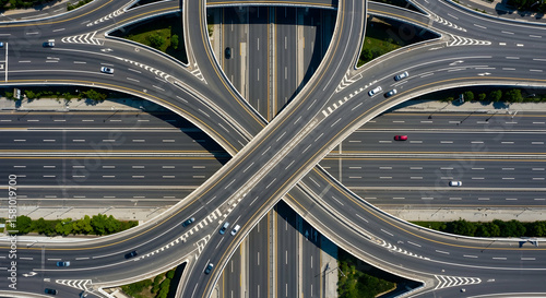 Aerial Perspective of a Complex Highway Interchange with Multiple Lanes and Overpasses