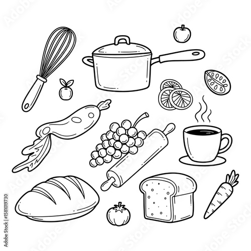 Kitchen Utensils and Food Items in Black and White Doodle Style