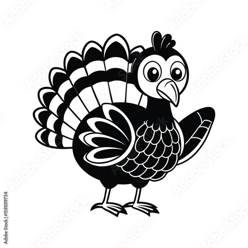 Stylized black turkey with detailed feathers and large eyes bird poultry