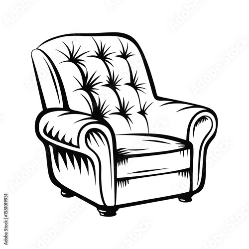 Tufted armchair silhouette isolated on white upholstered vintage