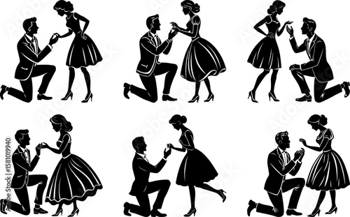Silhouette of a man kneeling with a ring, proposing to a surprised woman. Clean black vector on white, symbolizing love, romance, engagement, and commitment.