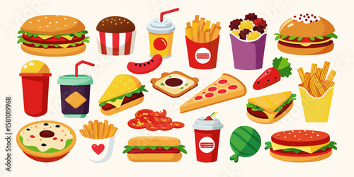 A vibrant vector cartoon set of fast food icons, featuring hamburgers, pizza, hotdogs, and drinks, perfect for a restaurant menu illustration