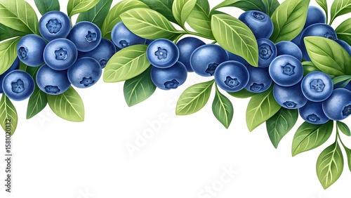 Blueberries on blueberry bush branches with green leaves top arch border on white background with copy space