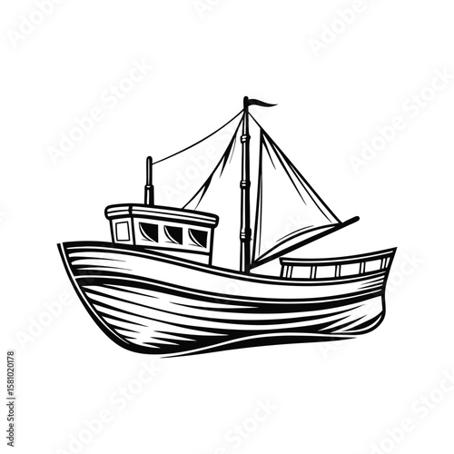 Vintage fishing vessel with sails and rigging fishing boat sailing