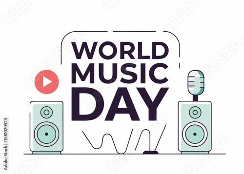 Minimalist World Music Day Illustration with Speakers Microphone Play Button and Sound Waves clean