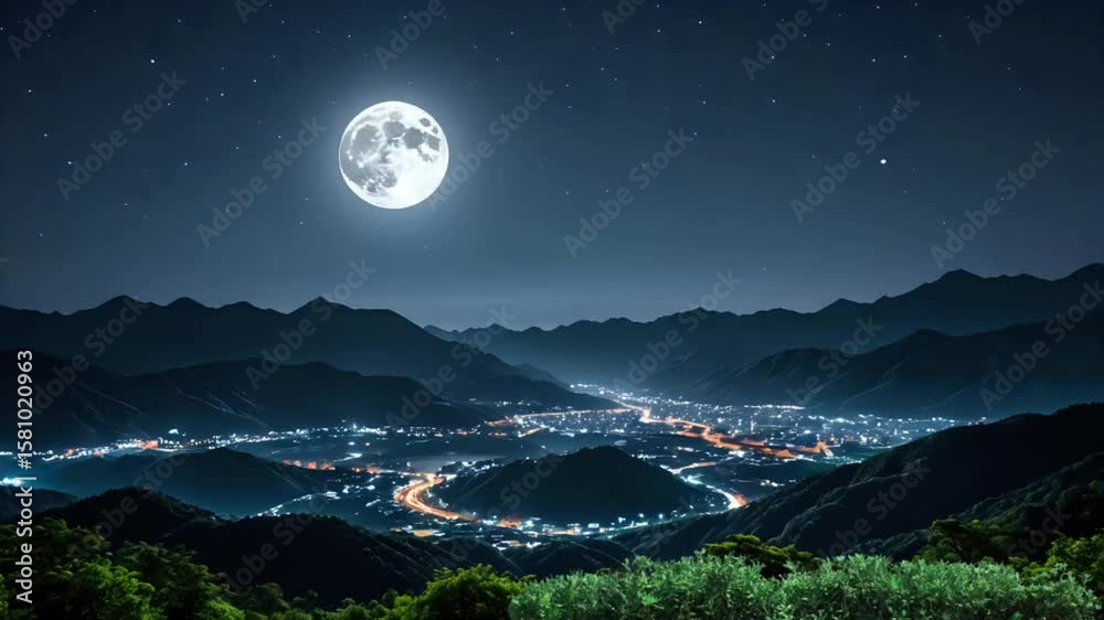 moon over the mountains Seamless looping 4k time-lapse animation video background sunset 