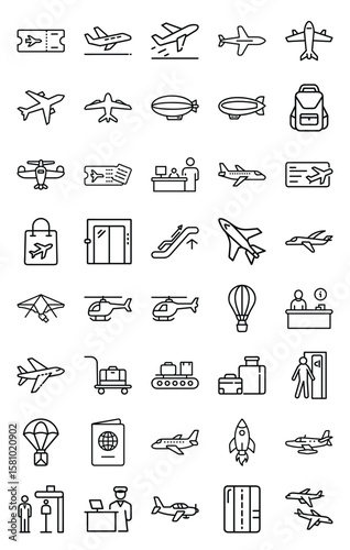 Airport and Airplane Related Symbols Outline Set in on a Transparent Background