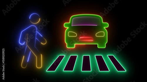 Glowing neon turquoise pedestrian crossing sign. Road zebra.Crosswalk Icon  man car icon isolated on black background. 