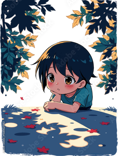a little girl sitting on the ground in front of leaves and looking at something