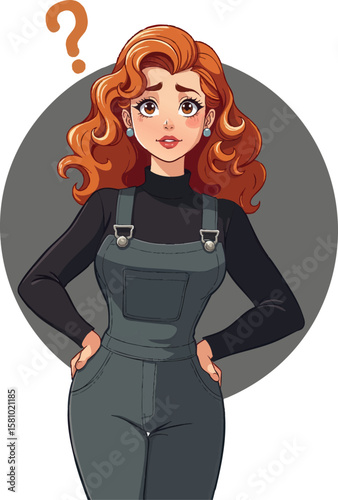 a woman in overalls with question marks on her face and the words, what ' s your problem?