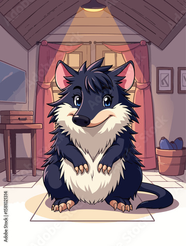a opossum sitting on the floor in front of an open door and looking at something