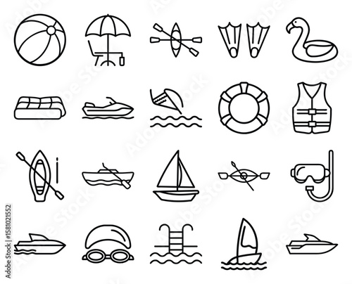 Summer Vacation Icon Set with Beach Ball, Kayak, Umbrella Isolated on White