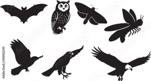 Wildlife creature silhouettes featuring an owl, bat, eagle, hawk, crow, moth, and grasshopper, perfect for nature and animal-themed designs