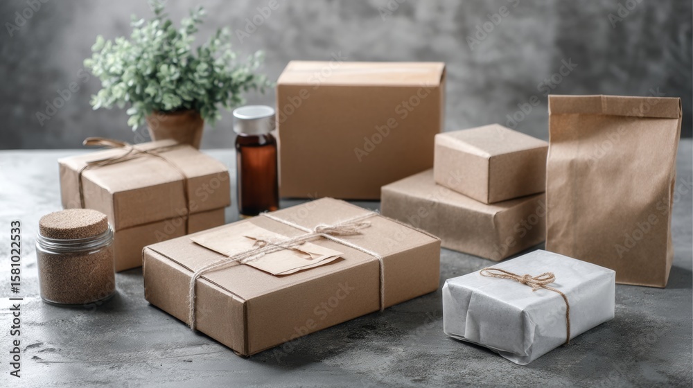 Fototapeta premium Assorted cardboard shipping boxes arranged on grey background for logistics packaging delivery photography scene