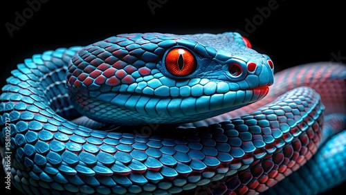 Close up of a coiled blue and red snake with striking orange eyes on a black background