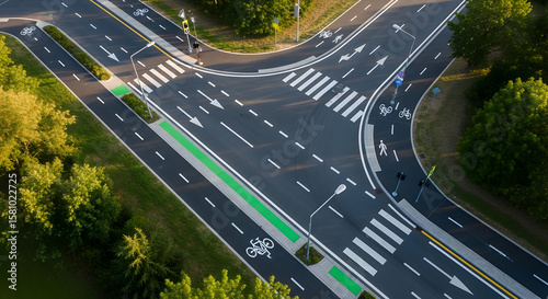 Aerial perspective of a modern road intersection with dedicated bicycle lanes offering a sustainable urban transportation infrastructure