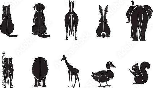 Unique animal rear view silhouettes, including cat, dog, horse, rabbit, elephant, lion, giraffe, duck, and squirrel for diverse design projects