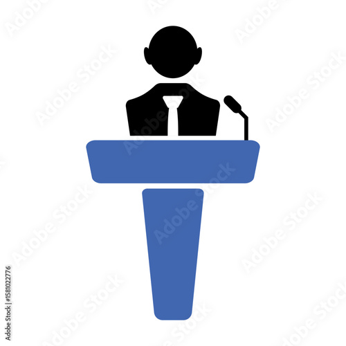 Public Speaker Icon at Podium with Microphone Vector Illustration. A simplified silhouette of a person standing behind a blue podium, delivering a speech.