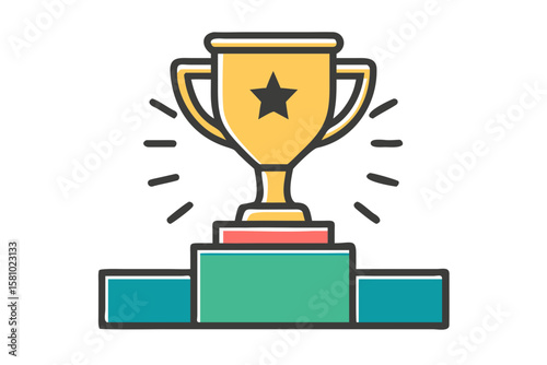 Shiny Golden Trophy on Luxurious Velvet Podium Under Dramatic Spotlight with Glowing Bokeh – Award Ceremony Vector Illustration Concept – Generative AI