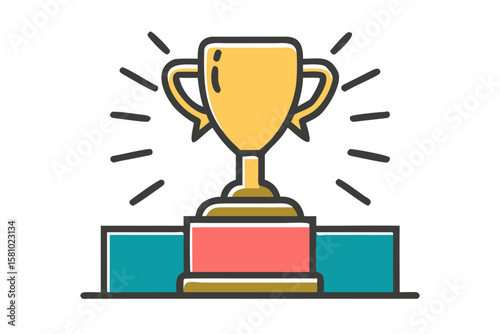 Shiny Golden Trophy on Luxurious Velvet Podium Under Dramatic Spotlight with Glowing Bokeh – Award Ceremony Vector Illustration Concept – Generative AI