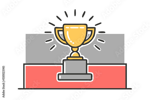 Shiny Golden Trophy on Luxurious Velvet Podium Under Dramatic Spotlight with Glowing Bokeh – Award Ceremony Vector Illustration Concept – Generative AI