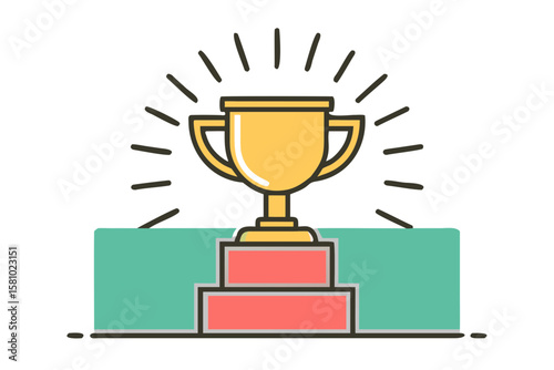 Shiny Golden Trophy on Luxurious Velvet Podium Under Dramatic Spotlight with Glowing Bokeh – Award Ceremony Vector Illustration Concept – Generative AI