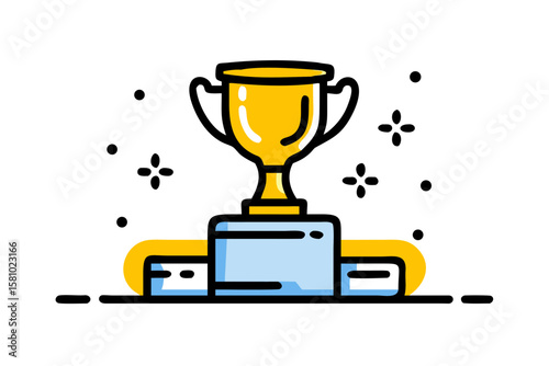 Shiny Golden Trophy on Luxurious Velvet Podium Under Dramatic Spotlight with Glowing Bokeh – Award Ceremony Vector Illustration Concept – Generative AI