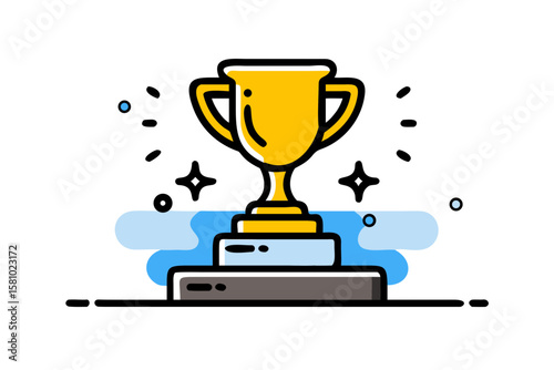 Shiny Golden Trophy on Luxurious Velvet Podium Under Dramatic Spotlight with Glowing Bokeh – Award Ceremony Vector Illustration Concept – Generative AI