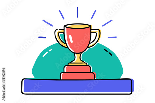 Shiny Golden Trophy on Luxurious Velvet Podium Under Dramatic Spotlight with Glowing Bokeh – Award Ceremony Vector Illustration Concept – Generative AI