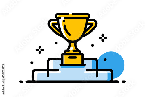 Shiny Golden Trophy on Luxurious Velvet Podium Under Dramatic Spotlight with Glowing Bokeh – Award Ceremony Vector Illustration Concept – Generative AI
