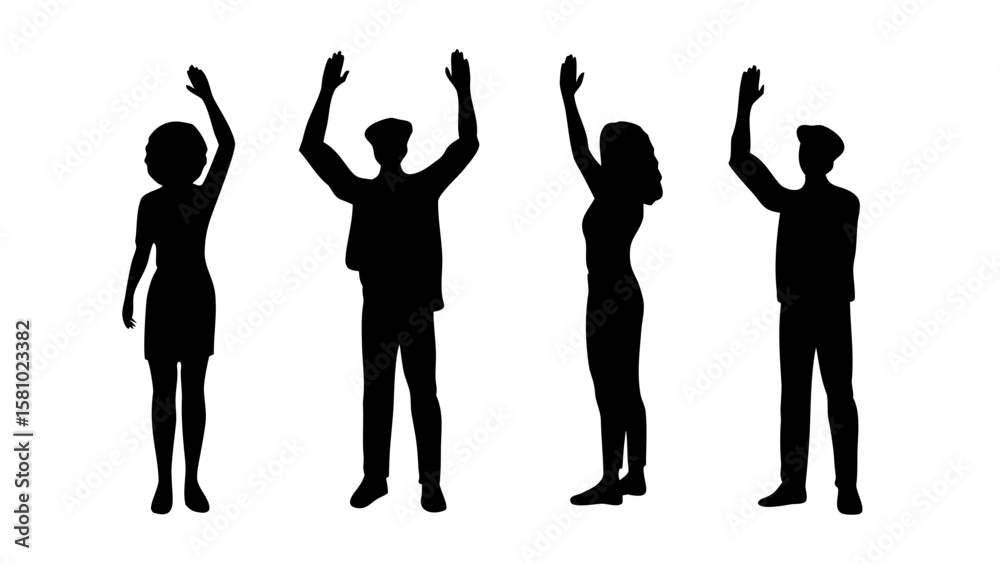 Fototapeta premium Silhouettes of People Raising Hands PNG Transparent Background