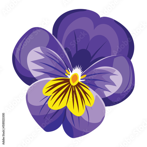 A single violet pansy flower with a charming yellow heart, on a plain background.