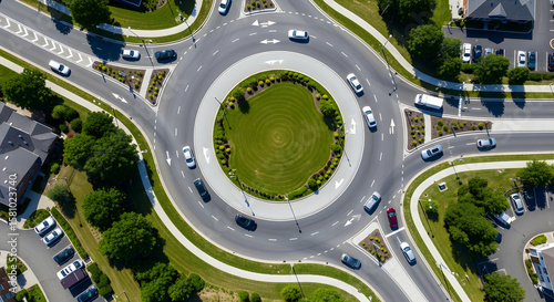 Aerial perspective of a modern roundabout with cars navigating through the green landscaped central island