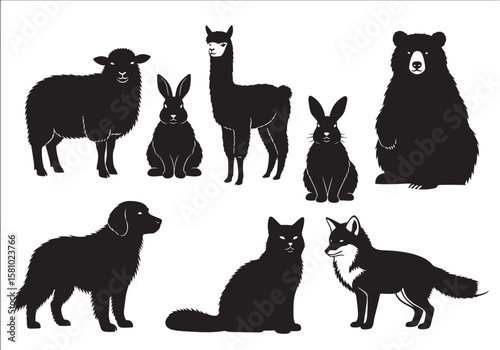 A varied collection of animal silhouettes, including a sheep, two rabbits, a llama, a bear, a dog, a cat, and a fox, perfect for nature and wildlife designs