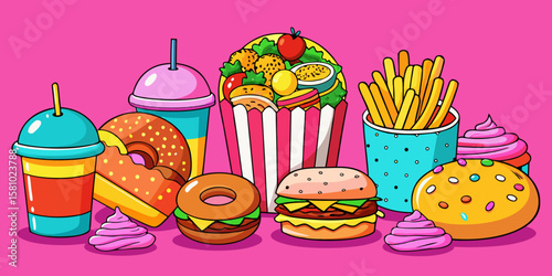 A vibrant vector set featuring delicious Easter eggs, cakes, cupcakes, and other sweet bakery desserts, perfect for a seamless spring pattern or festive party decoration