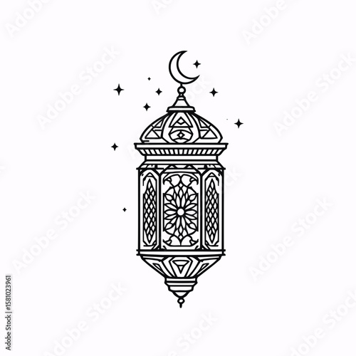 Elegant vintage lampposts illuminate a cityscape with abstract mosque and decorative lamp designs