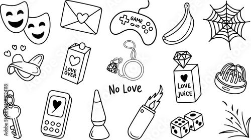 Dramatic masks envelope game controller banana spiderweb dice lighter lava lamp and key