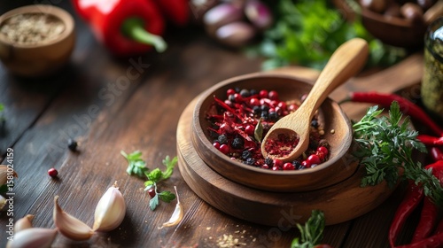 Rustic bowl with pomegranate seeds on wooden table for natural food photography antioxidant healthy nutrition background scene