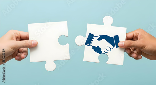 Handshake jigsaw puzzle pieces on reflection background. Concept image of business partnership, collaboration and corporation.
