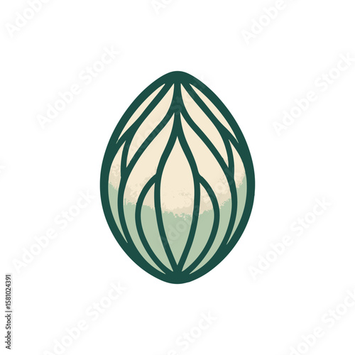Stylized illustration of an egg-shaped object with leaf patterns, set against a plain background