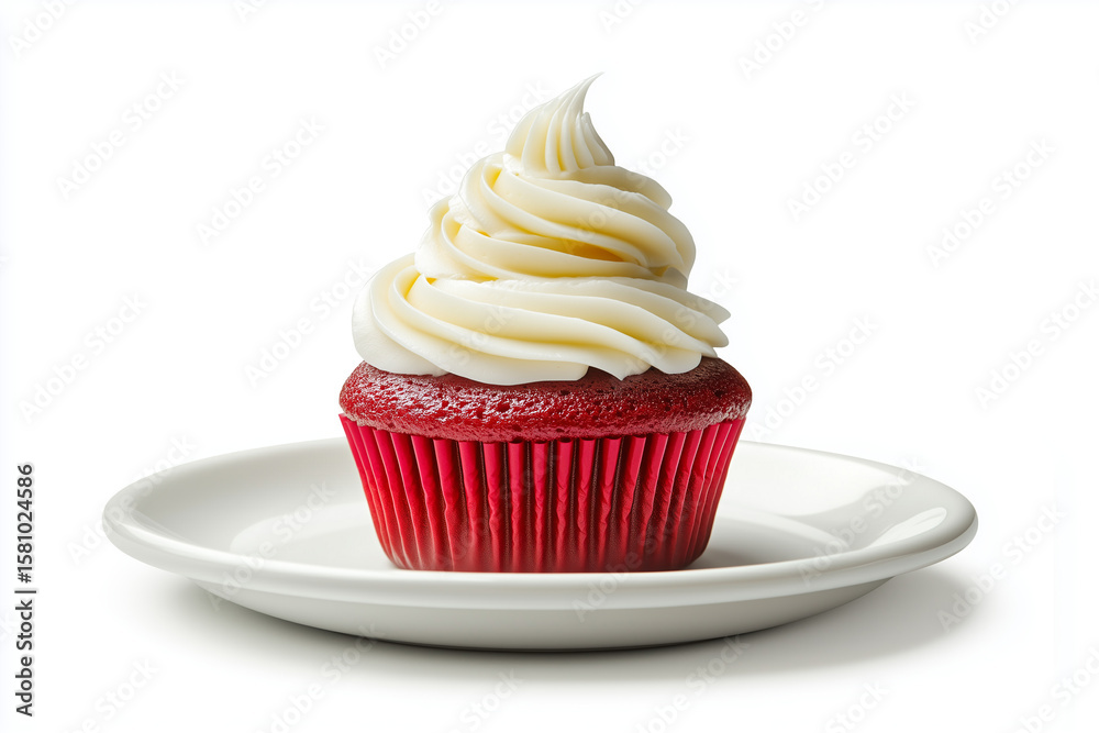 Single Red Velvet Cupcake with Cream Swirl Frosting on Plate – Sweet Dessert on White Background, Minimal Food Composition Single Red Velvet Cupcake with Cream Swirl Frosting on Plate – Sweet Dessert on White Background, Minimal Food Composition