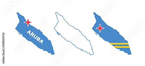 Set of isolated aruba maps. aruba flag overlaid with flag proportions. Maps and traveling around the world