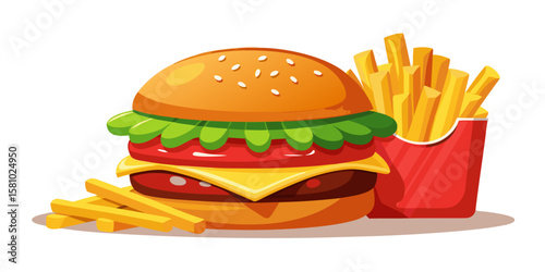 Classic beef burger with melted cheese, fresh lettuce, tomato, and onion on a sesame bun, perfect for a delicious fast-food meal