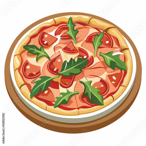 A gourmet thin crust pizza with fresh arugula and savory prosciutto, a tasty meal.