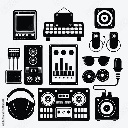 Collection of black and white icons representing audio equipment and music technology