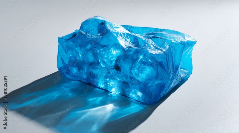 Fototapeta premium Single translucent blue ice cube casting shadow on white background for minimal cold beverage concept photo