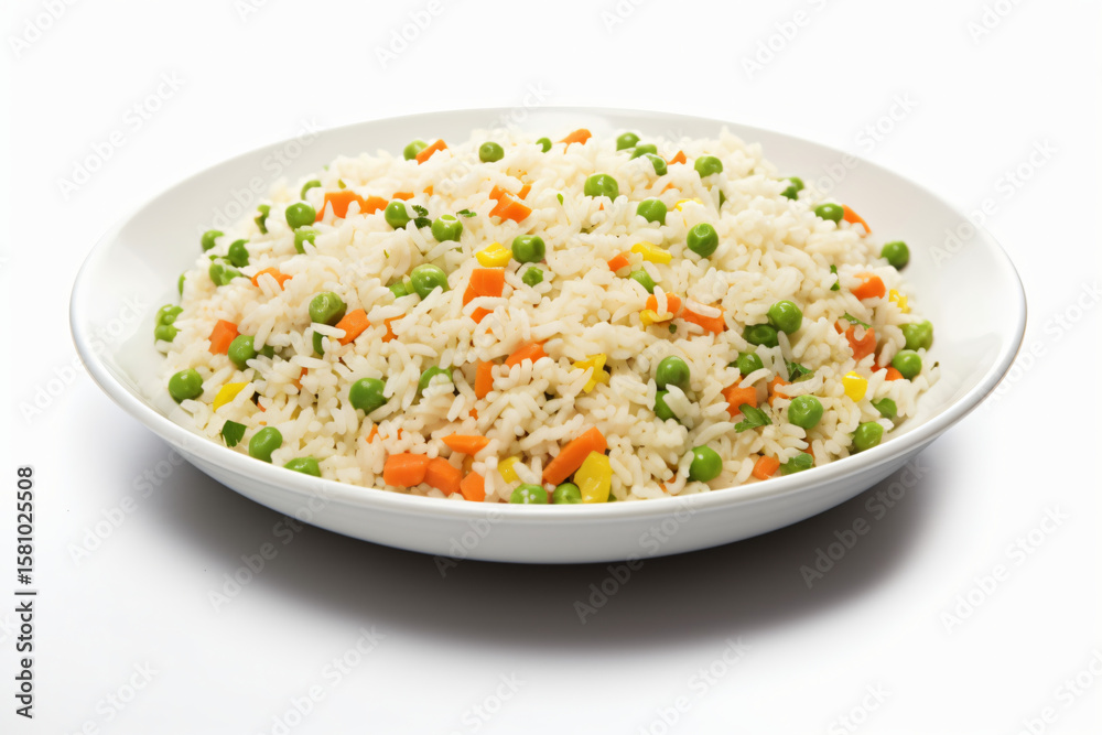 Delicious fried rice with peas and carrots served on a white plate. Delicious fried rice with peas and carrots served on a white plate.