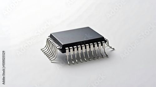 Black integrated circuit chip with silver pins on white background electronic technology 1